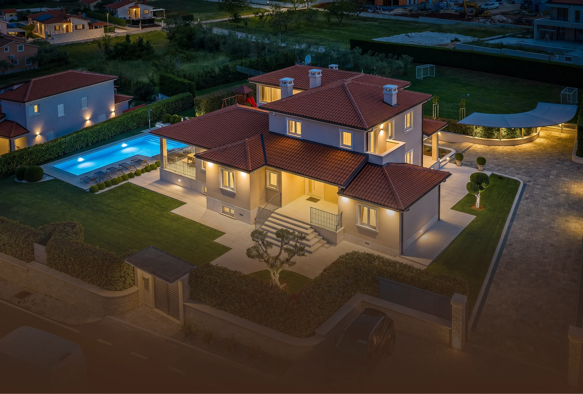 Aerial evening view of Villa Silvia and its private estate in Kaštelir, Istria